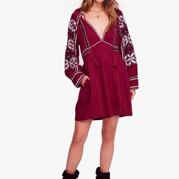 Free People All My Life Embroidered Mini Dress in Bugundy Wine Size Small - Picture 2 of 12